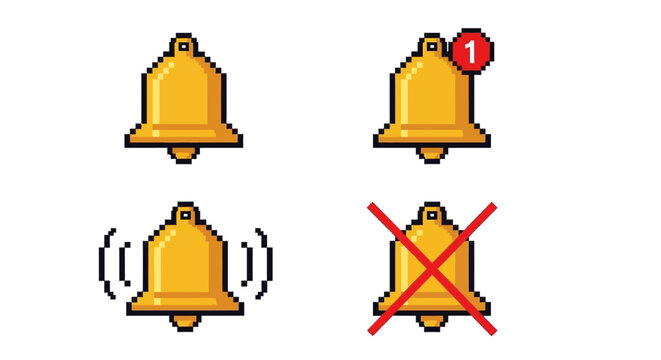 Pixel art notification bell icons set, 8-bit golden bell symbols for game UI, ringing alert and silent mode notification buttons, 4 vector elements