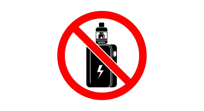 No vaping prohibited sign vector, electronic cigarette ban icon with red strikeout circle, vape device forbidden symbol for public health safety