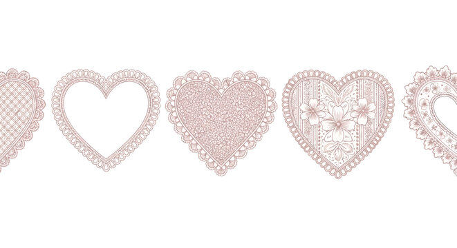 Vintage lace heart collection, pink crochet embroidery vector elements, delicate floral doily hearts set for wedding invitations and romantic crafts