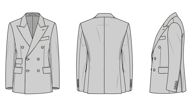 Double breasted blazer fashion flat sketch, men's formal suit jacket technical drawing, front back and side view vector template for apparel design