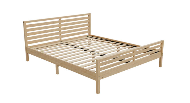 A modern wooden bed frame with slats on a black background