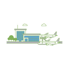Naklejka premium Airport Terminal with Commercial Airplanes Vector Illustration