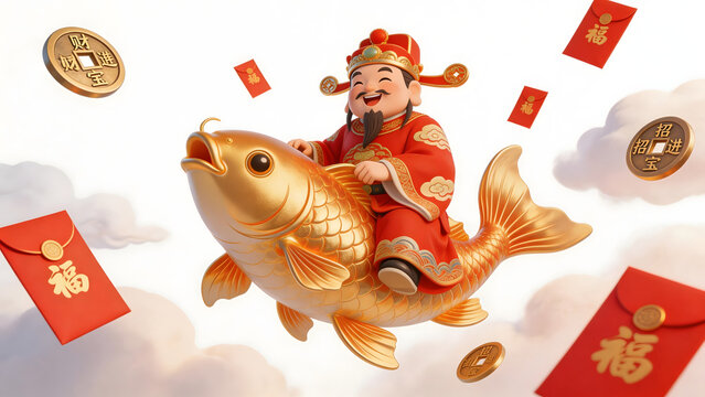 Chinese deity riding golden fish