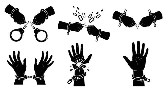 Black silhouette illustrations of bound hands.