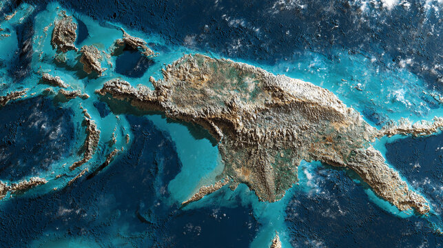 Aerial view of a tropical archipelago with turquoise waters and rugged islands