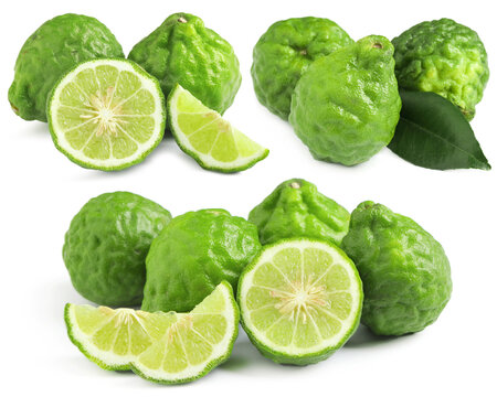 Fresh bergamot fruits isolated on white, set. Whole and sliced