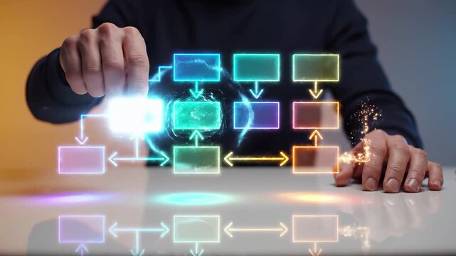 Digital flowchart diagram with connected blocks and arrows for business process management. Interactive workflow structure and system architecture for corporate operations and automation