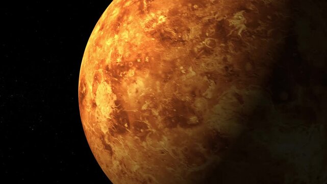 Realistic 4K flyby of planet Venus, rotating in deep space, showing dense, volcanic yellow atmospheric surface, seamless loop.