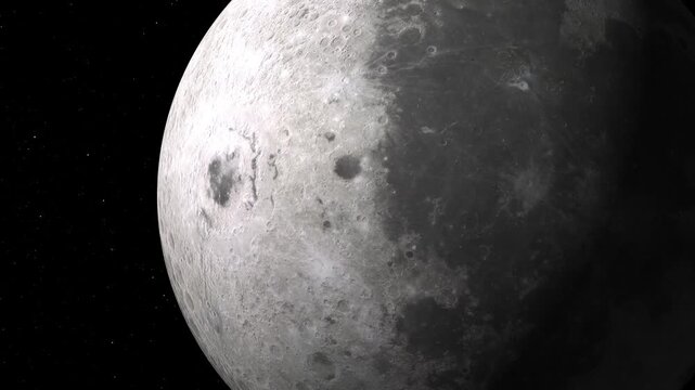 Cinematic 4K flyby of the Moon, showing detailed lunar craters, dark space background, seamless loop.
