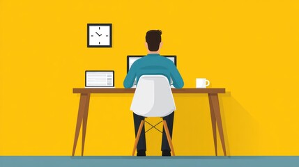 Fototapeta premium Person sits at a desk working on a computer in a brightly colored office setting