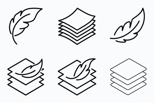 Fabric with feather filler icon set, high comfort structure with lightweight design representing soft material insulation, bedding quality, textile innovation and premium comfort concept