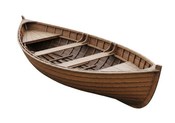 Obraz premium A traditional wooden rowboat resting on a flat surface with two seats inside.