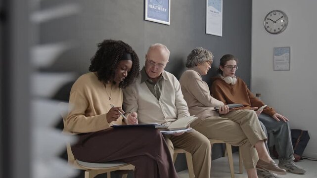 Group of diverse male and female patients sitting on chairs and talking while waiting in queue in modern hospital hall, medium long shot
