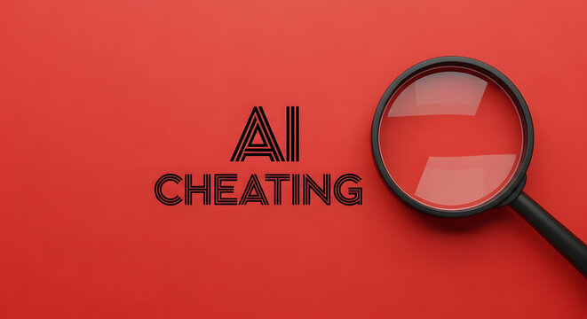 Magnifying glass lens focus on black text message ai cheating over bright red color background surface