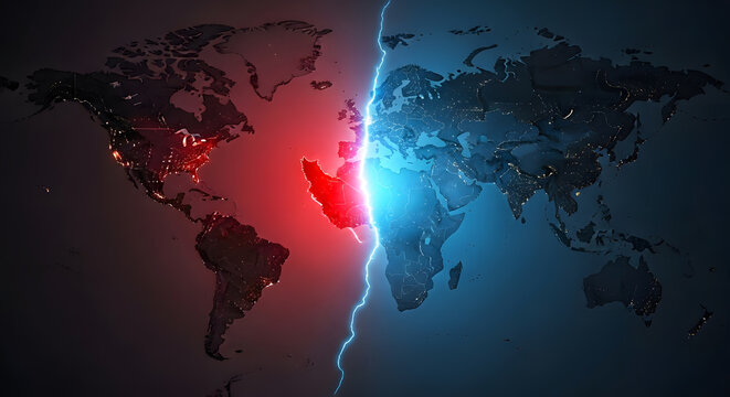 World map divided by bright blue lightning bolt splitting nations