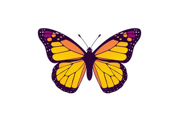 Naklejka premium Monarch butterfly spreading wings with orange, yellow, and purple patterns on transparent background, symbolizing transformation and freedom