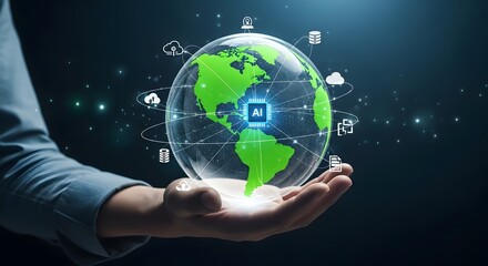 Obraz premium Hand holding a digital globe with icons.
