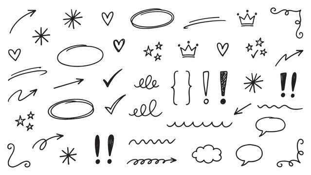 Hand Drawn Pen Doodle Symbol Set for Scrapbook Annotation, Social Media Decoration, Journal Layout and Creative Graphic Design Projects