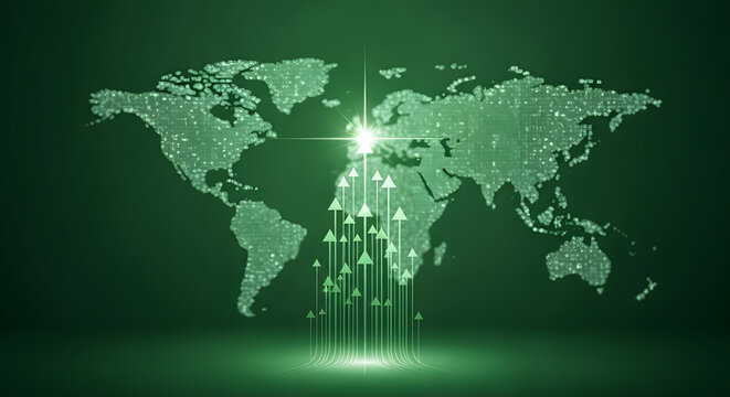 World map in green with rising arrows and glowing light