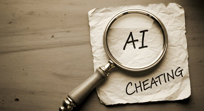 Magnifying glass showing artificial intelligence cheating text on red background surface