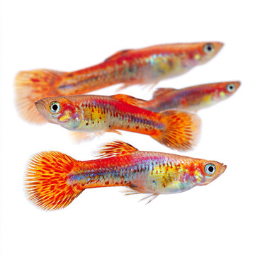 Four colorful guppies swim gracefully against a white background showcasing their vibrant orange red and blue scales and fins