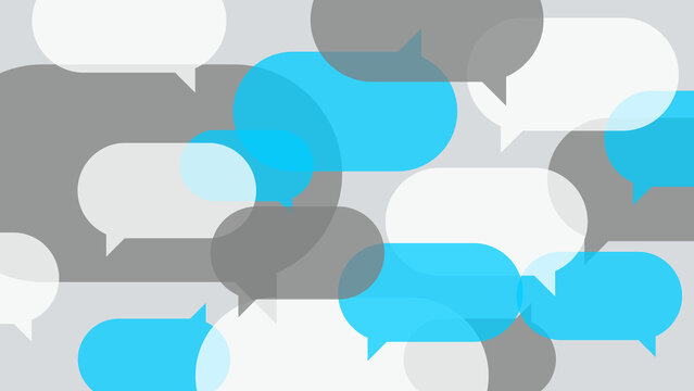 Abstract background with overlapping speech bubbles in blue, grey, and white colors representing communication and social media