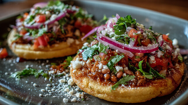 Two delicious sopes topped with savory shredded meat fresh tomatoes red onion and crumbled cheese adorn a dark plate a vibrant culinary delight
