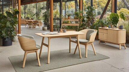 Fototapeta premium Contemporary wooden dining set furnished inside a bright, plant-filled conservatory space