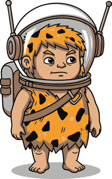 Grumpy Cartoon Caveboy Astronaut with a Space Helmet and Jetpack.