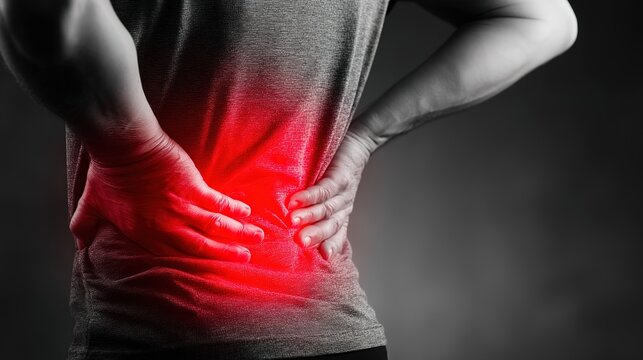 Man suffering from pain in lower back indoors, closeup