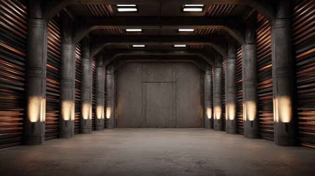 Industrial corridor with metallic columns and illuminated textured walls extends toward a closed bulkhead door.