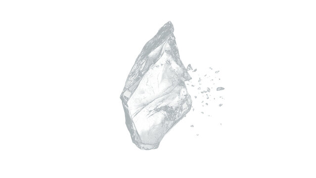 Minimalist shattered glass. Transparent geometric prism explosion with particle debris, broken ice crystal shards on transparent Bg, futuristic 3D render, light scatter, 3D glass shape.