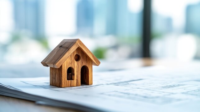 Small wooden house model placed on architectural blueprints with a blurred city background, representing real estate and construction.