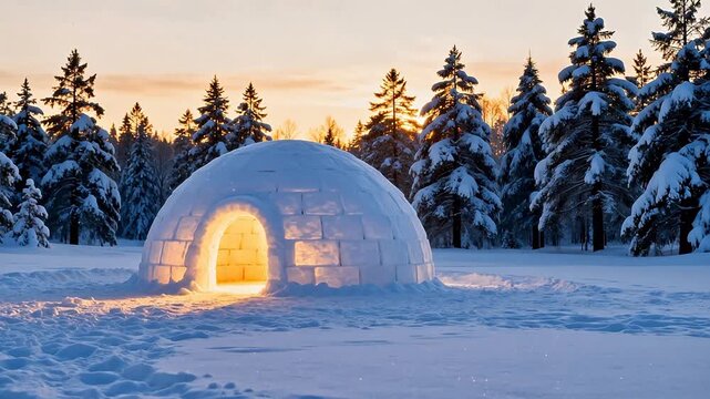 Snowy igloo in forest at sunset