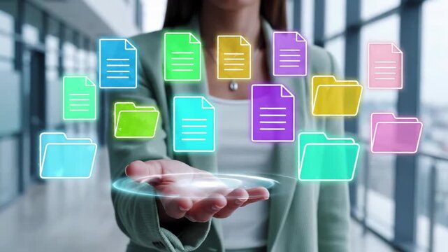 Businesswoman holds floating digital document and folder icons in modern office environment. File management system and paperless data storage organization for smart business productivity