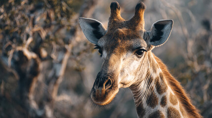 Obraz premium A close up portrait of a giraffe in its natural habitat with soft natural lighting and a blurred background showcasing its features