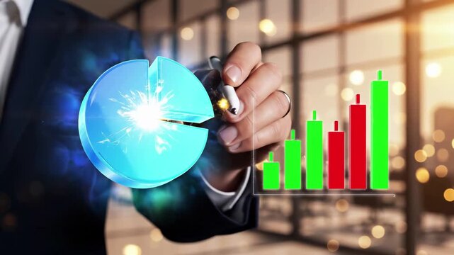 Business executive drawing pie chart and candlestick bar graph with analytics. Market finance data analysis and investment performance metrics for corporate revenue reporting and trading strategy