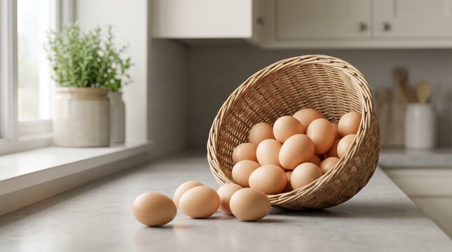 Keranjang anyaman berisi penuh telur ayam di atas meja dapur yang bersih 
