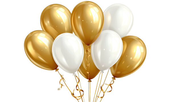 Bunch of shiny gold & white balloons with ribbon on a pure black background