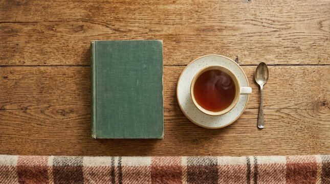 Viewed from above, a neatly arranged book and cup of tea form a minimal still life composition, highlighting reading, comfort, and