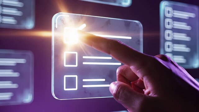 Finger touching glowing checklist panel with interactive task selection on digital screen. Smart interface management and form completion for modern workflow productivity and business compliance audit