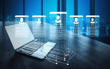 A laptop shows user profiles and ratings through a digital interface in a modern office setting, illustrating business technology and user engagement trends. Ledger