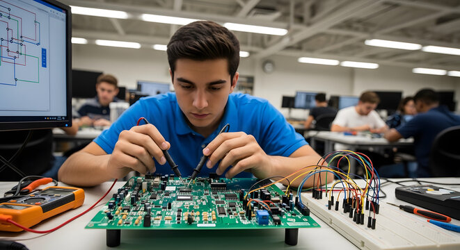Young male student testing an electronic circuit board in a laboratory. Engineering technician using multimeter probes on a PCB. STEM education and hardware development concept