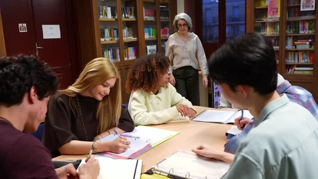 Mature female librarian approaching a table of diverse students, asking them to be quiet while they are studying together in a library