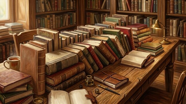 An angled view of books placed across a table highlights the beauty of reading and study, expressing literature, knowledge, and a