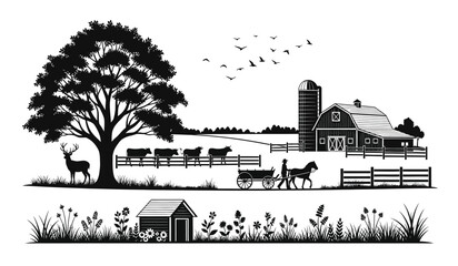 A detailed black and white illustration depicts a rural landscape with a barn grazing cows and a rider in a carriage silhouette high quality © Thysl2000