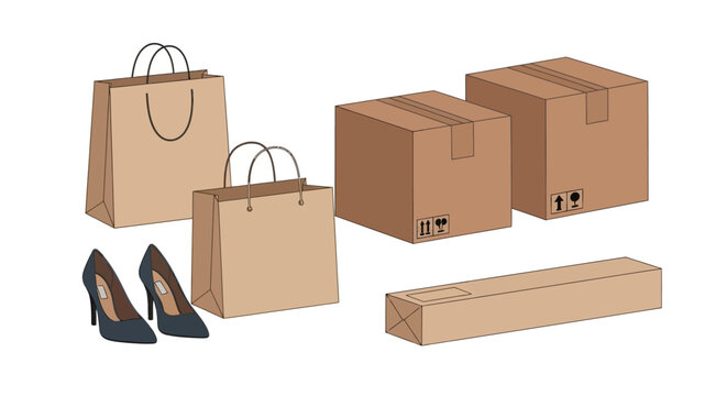 Brown paper bags and cardboard boxes with high heels.