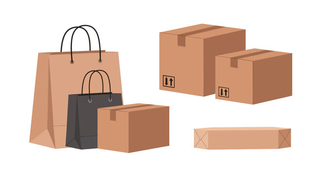Brown paper bags and cardboard boxes.