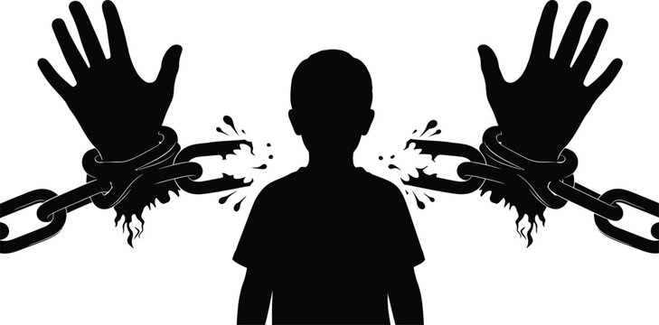 A child constrained by mysterious, grasping hands and chains in a haunting silhouette.