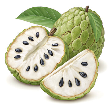 Whole sugar apple fruit with green leaves and half cut isolated on white background.